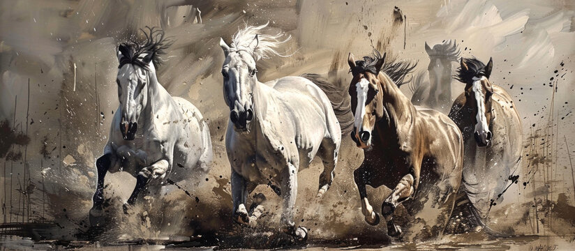 Horses running in watercolor painting. Digital painting on canvas.
