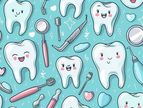 A playful pattern of dentist tools in cartoon style featuring toothbrushes and mirrors
