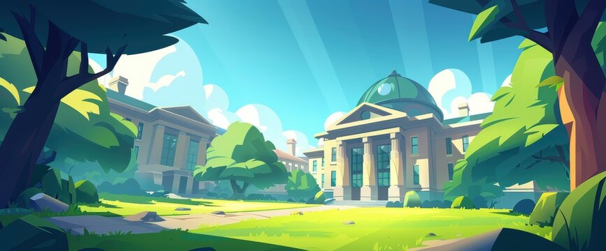 A cartoonstyle school campus with lush green lawns, surrounded by trees and buildings under blue sky. The scene is set in the morning light, casting long shadows on the ground , Anime Background Image