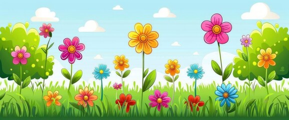 Fototapeta na wymiar A large grassy field with colorful wildflowers, in the style of cartoon, Anime Background Images
