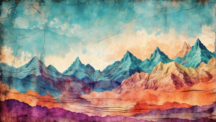 Abstract grunge backdrop with layers resembling the rugged terrain of mountain ranges.