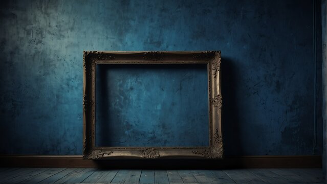 royal blue grunge vintage wall background with empty art frame from Generative AI