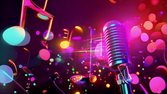 Microphone on colorful Bokeh neon,pastel background. Performance Microphone for speech singing karaoke party, Microphones for orator press conference, Microphone Copy space. Performer,singer,music 