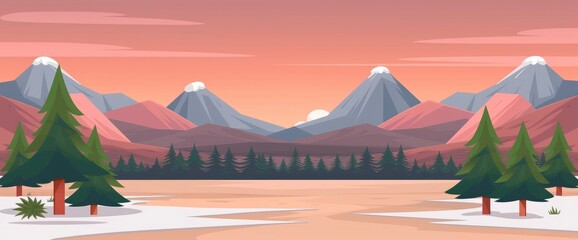 cartoon background, cartoon mountains with snow on the peaks, cartoon green pines in front, cartoon sky, Anime Background Images
