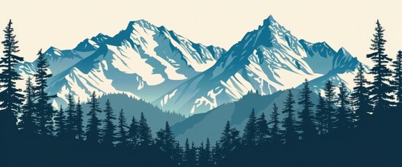cartoon background, cartoon mountains with snow on the peaks, cartoon green pines in front, cartoon sky, vector art style, high resolution, Anime Background Images