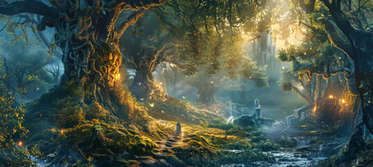 Fantasy landscape with old tree and lanterns, with fog and light.