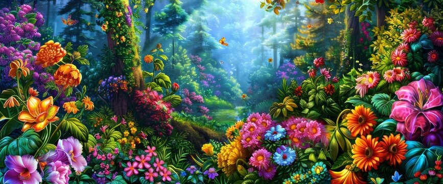 cartoon background of a dense jungle with sunlight shining through the trees, colorful flowers and lush green foliage , Anime Background Images