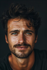 Portrait of confident adult man with beard and brown eyes close up