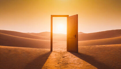 An open door standing in the desert in the middle of sand dunes and illuminated by sunlight. Mockup...