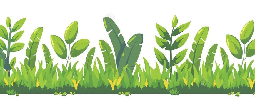 Cartoon jungle grass border, illustration with a white background, simple and cute style, with simple details, no shadow on the ground, Anime Background Images