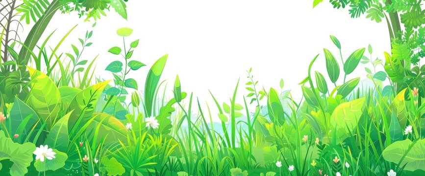 Cartoon jungle grass border, illustration with a white background, simple and cute style , Anime Background Images