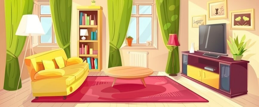 cartoon living room, yellow sofa and coffee table in the center of the frame, flat illustration , Anime Background Images