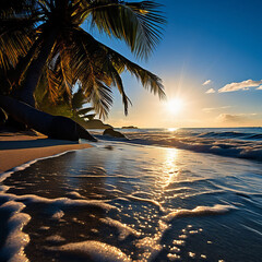 Tropical beach with palm trees at sunset. Nature background