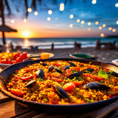 freshly made paella on party background in blurred beach, evening