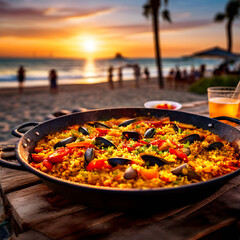 freshly made paella on party background in blurred beach, evening