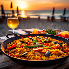freshly made paella on party background in blurred beach, evening