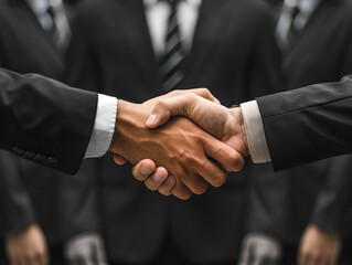 Businessmen in black suits holding up a handshake symbol symbolizing partnerships - obrazy, fototapety, plakaty