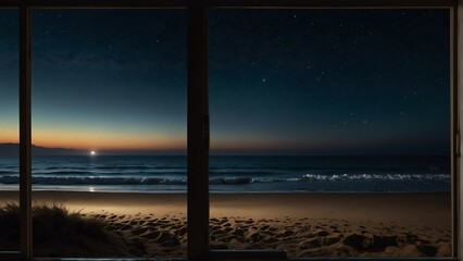 beach night landscape nature view from a window background from Generative AI
