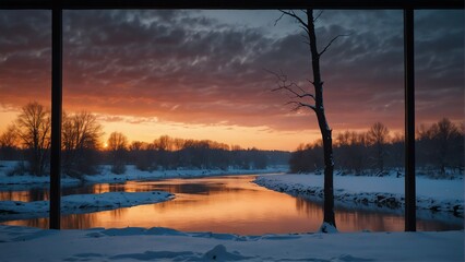 river in winter sunset landscape nature view from a window background from Generative AI
