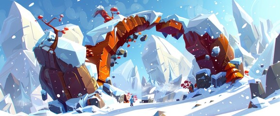 cartoon wooden arch in the snow, cartoon forest background with mountains and trees, winter landscape , Anime Background Images