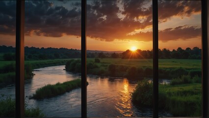 river sunset landscape nature view from a window background from Generative AI