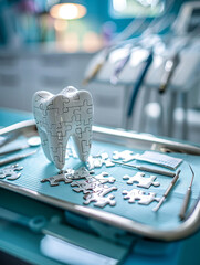 Pieces of a tooth puzzle on a dental hygienists tray with cleaning tools around - obrazy, fototapety, plakaty