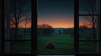 spring night landscape nature view from a window background from Generative AI