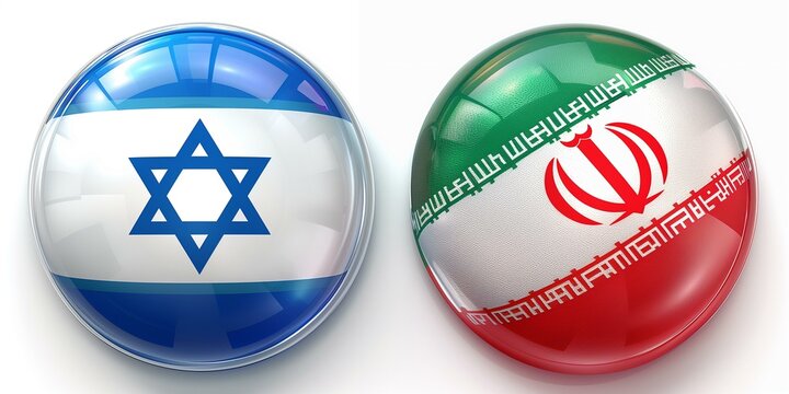 Two spheres with the Iranian flag and Israeli flag on them, white background