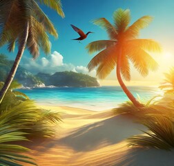 beach with palm trees summer background birds around sunny weather 
