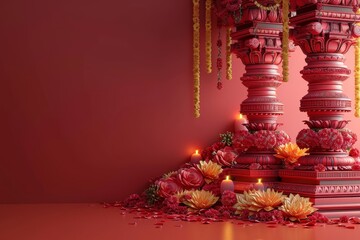 Pink Room With Candles and Flowers. Generative AI