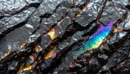 Black rocky surface with iridescent reflections. Black titanium, tourmaline, hematite sample. Bright, full-screen rocky background. 