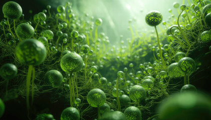 3d illustration of abstract green background with microorganism cells. - obrazy, fototapety, plakaty