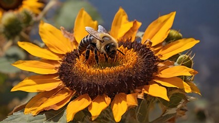 Bee's Haven: Autumn Tree Flower Plant with a Bee Resting on a Sunflower