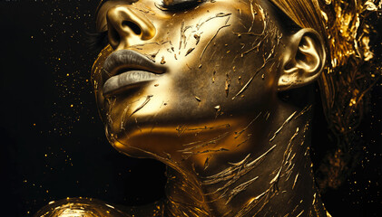 Golden woman face on black background. 3d rendering, 3d illustration.