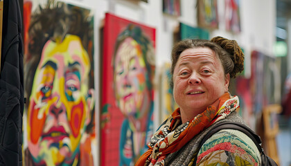 Obraz premium Art Gala Success: Individual with Down Syndrome Sells Artwork at Charity Auction, Celebrating Artistic Achievements. Learning Disability.
