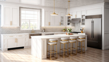 3d render of modern kitchen interior design with white marble and wood