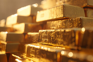 Close-up of gleaming gold bars in soft focus