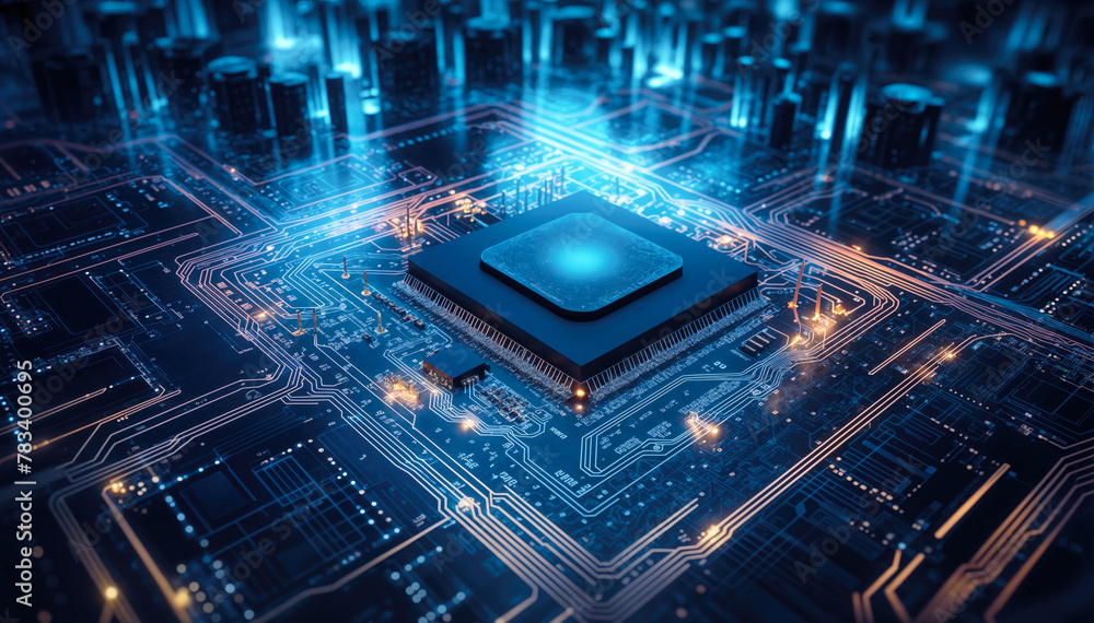 Poster circuit board with microchips and buildings. 3d rendering