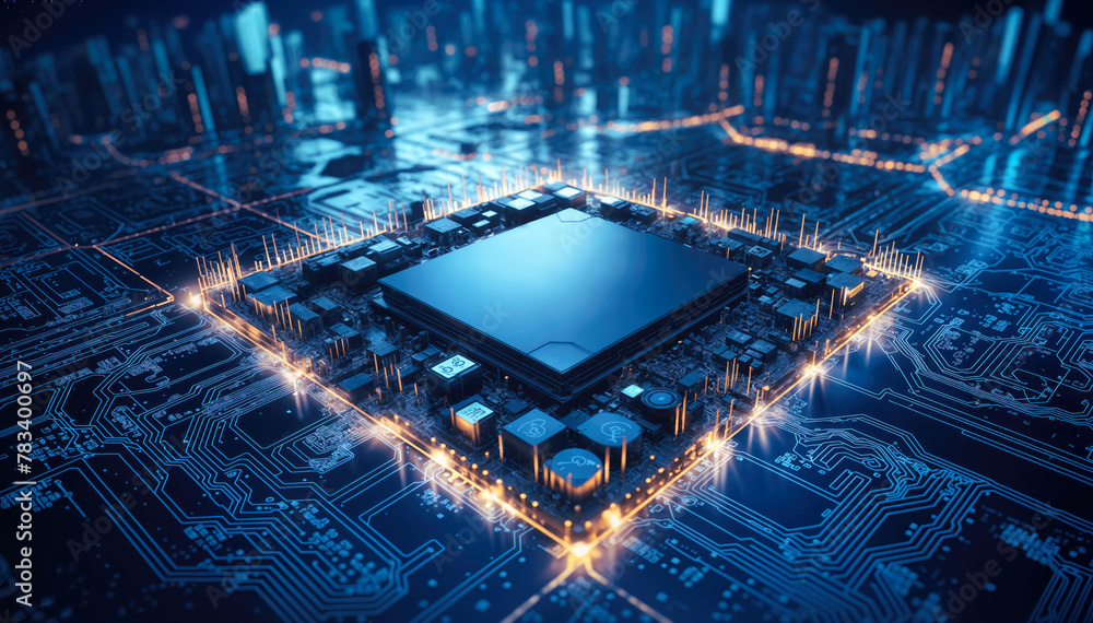 Aufkleber circuit board with microchips and buildings. 3d rendering