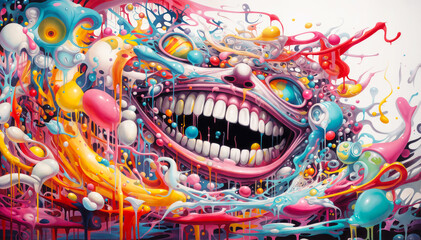 Funny face with teeth and colorful splashes. 3d rendering