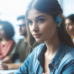 Hearing impaired student with hearing aid. Wearing hearing device in ear, studying at college or school. Lesson in Classroom. Hearing loss. Education. Deaf. Hearing aids. Generative AI