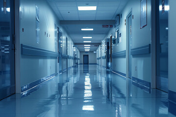 Empty hospital corridor with blue lighting
