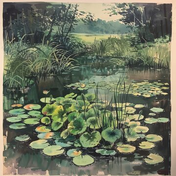 Aquatic Plants in Serene Pond: Vintage Watercolor Art This vintage watercolor painting captures the tranquility of a pond scene, with lily pads and aquatic plants adding a touch of natural beauty.