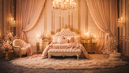 Luxury bedroom interior with pink curtains. 3d render. - obrazy, fototapety, plakaty