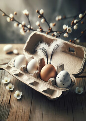 Artistic Easter composition with eggs and feathers in carton on rustic wooden table. - 783401207