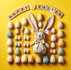 Playful Easter bunny and decorated eggs on vibrant yellow background. - 783401210