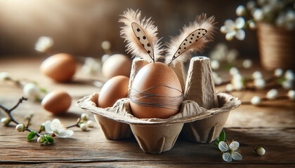 Artistic Easter composition with eggs and feathers in carton on rustic wooden table. - 783401213