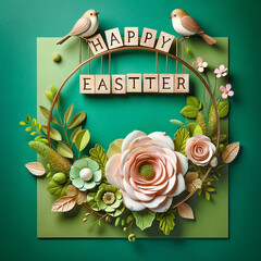 Happy Easter greeting card with paper bird and flower design on green background. - 783401214