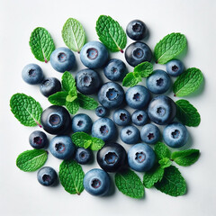 Fresh blueberries with green leaves white background. Vitamin berries. - 783401225