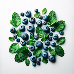 Fresh blueberries with green leaves white background. Vitamin berries. - 783401226